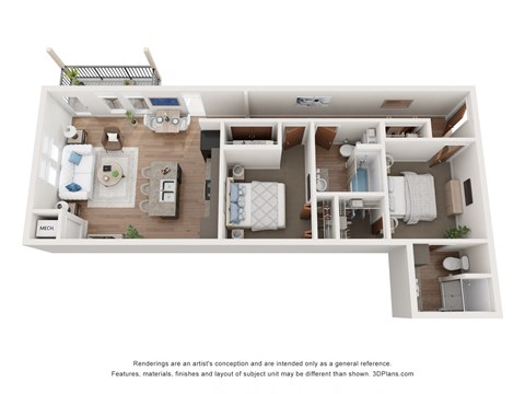Floor plan for 2 beds, 2 baths, 962 sqft